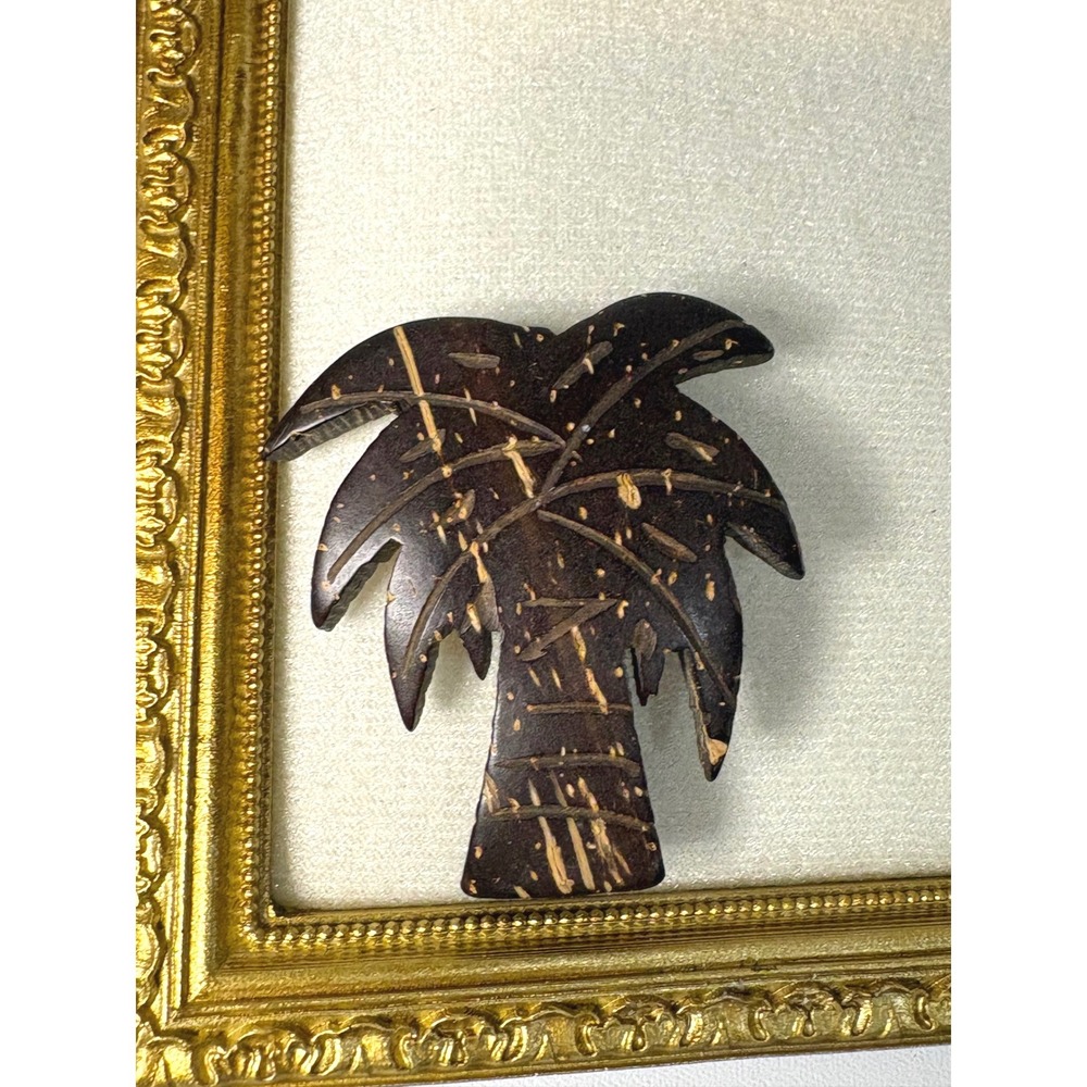 Vintage Hand Carved Coconut Shell Palm Tree Brooch Tropical Wood Pin Brown Boho